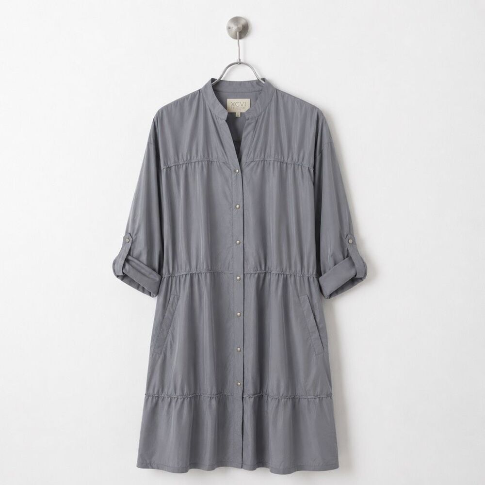 XCVI NWT Nylon Utility Shirt Dress Jacket Gray Blue Travel Pockets Cassiopeia